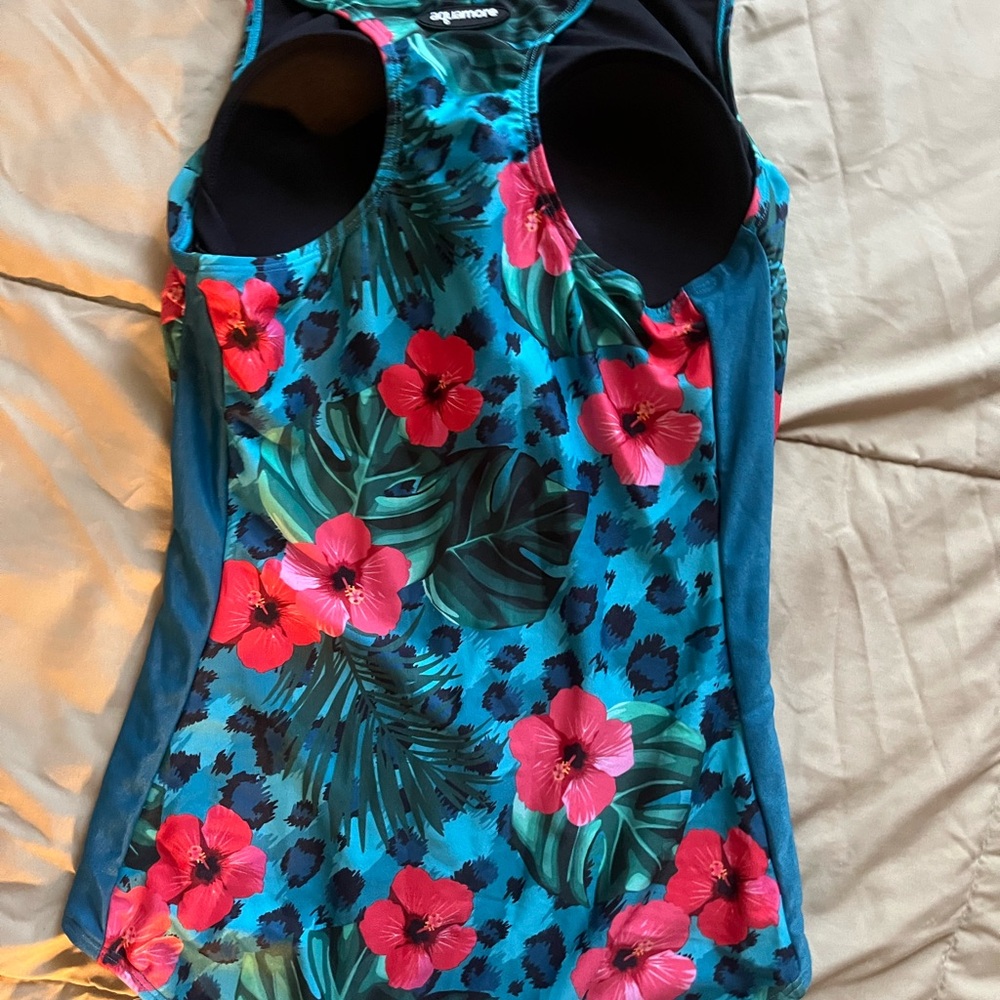 Tropical Floral Zip-Front One-Piece Swimsuit - Blue & Pink - Picture 2 of 2